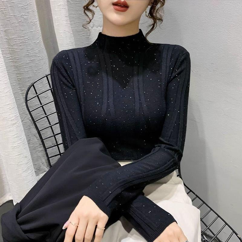 Женская зимняя водолазка в корейском стиле с высоким воротом и ромбовидной инкрустацией, трикотажный топ