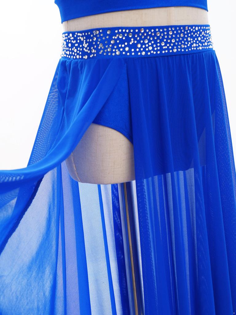 Юбка для лирического танца для девочек с блестящим поясом из стразов, сетчатая юбка хай-лоу, боковой разрез, современный