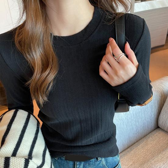 Женские облегающие топы с круглым вырезом и длинным рукавом, пуловеры, однотонные футболки с рубчатой текстурой