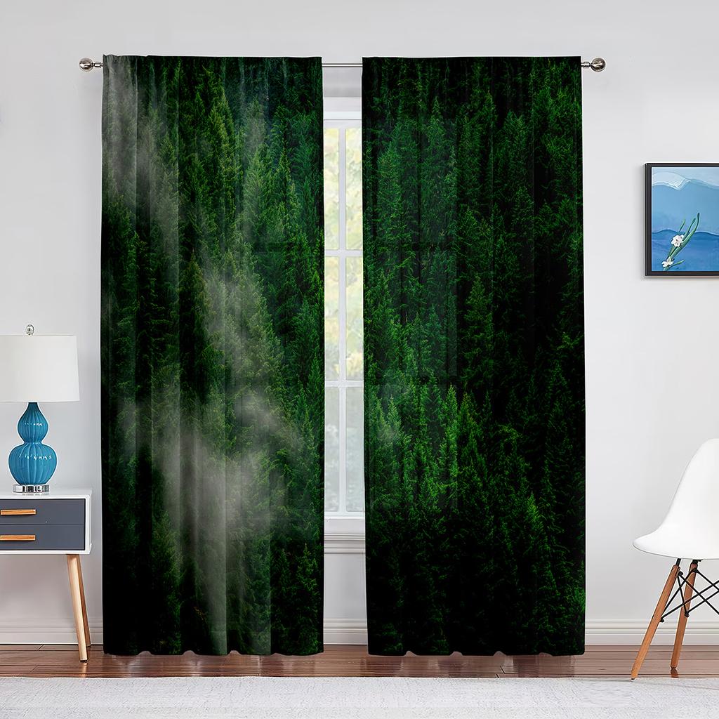Туманный лес, прозрачная вуаль, туманная живописная зеленая природа, пейзаж, окно, тюлевые шторы для спальни, гостиной, кухни, декор