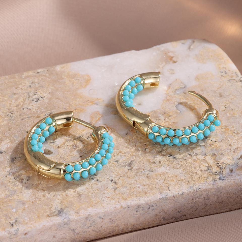 ZAKOL Gold Color-plated Turquoise Hoop Earrings for Women Girls Fashion Round Blue Beads Circle Earrings Huggies Zircon