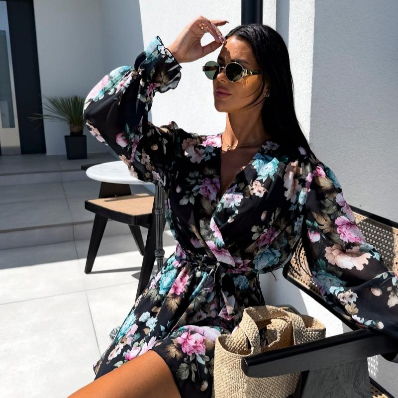 Новые модные винтажные комбинезоны с пышными рукавами и цветочным принтом, женские элегантные облегающие повседневные женские комбинезоны с V-образным вырезом и шнуровкой, летние боди для офисных леди 26160