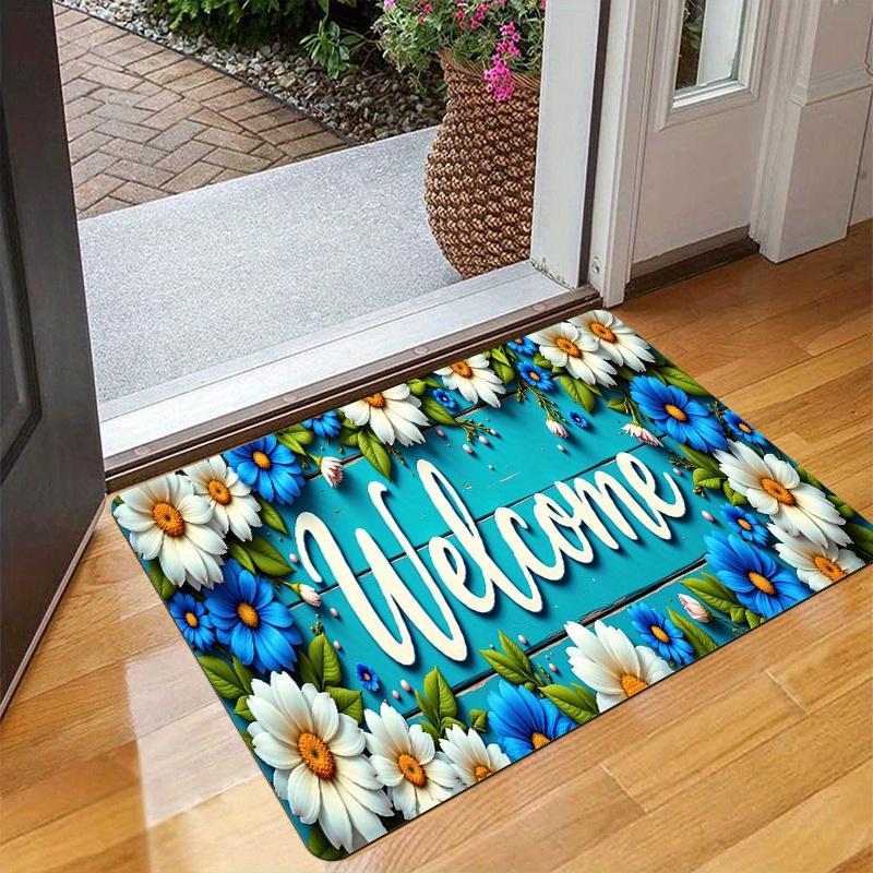 Blue Floral Welcome Doormat White Daisy Pattern Non Slip Entry Rug For Porch Entryway And Spring Home Decor