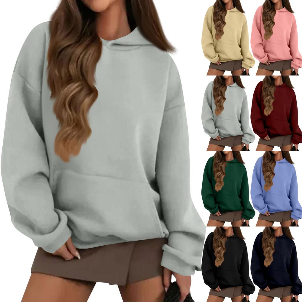 Women's Autumn And Winter Solid Color Pullover Hooded Sweatshirt Fleece Plus Size Long Sleeve Short Fashion Sweatshirt