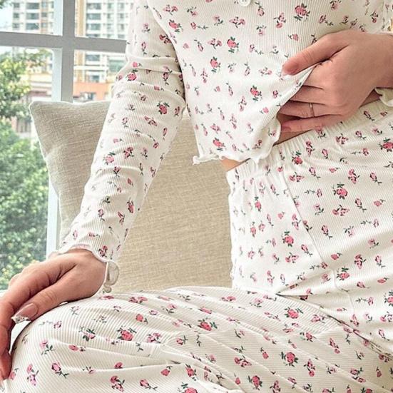 Women's Floral Long Sleeve Pajama Set Crop Top And Wide Leg Pants Sleepwear Set Casual 2 Piece Pjs Lounge Set