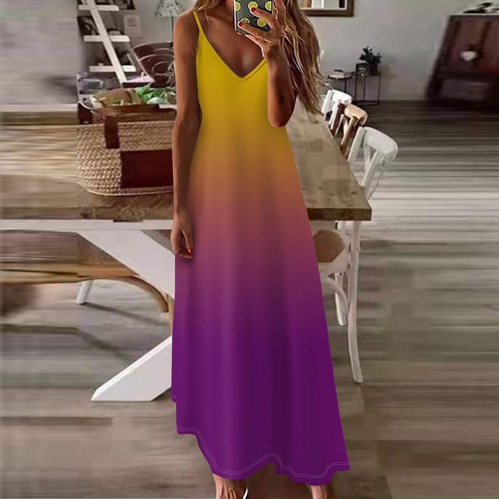 Женское летнее повседневное модное длинное платье без рукавов с v-образным вырезом и градиентным принтом, повседневные платья