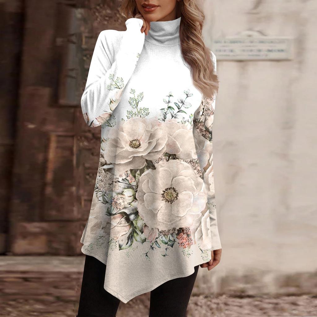 Casual Fashion Floral Print Shirt Tops High Neck Irregular Hem Long Sleeve Pullover Tops
