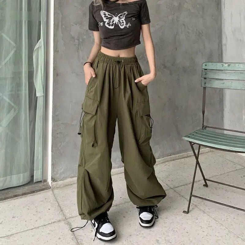 Women Casual Joggers Pants Solid Low Waist Pants Drawstring Wide Leg Baggy Trousers Y2k Streetwear Oversize Sweatpants