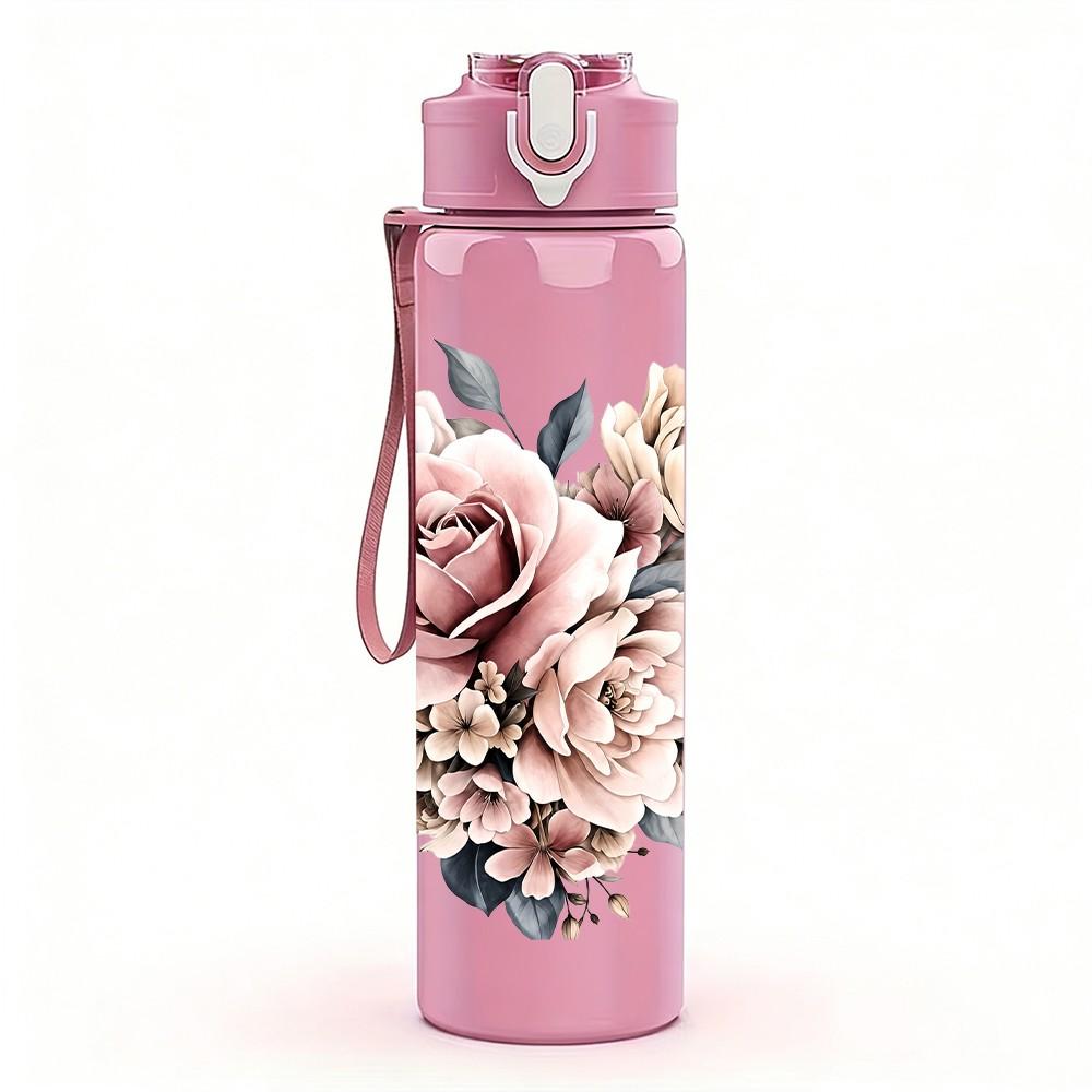 1PC Soft Pink Peony Flower Bouquet Print 750ml Color Plastic Sports Water Bottle Leakproof Flip Straw Lid Suitable for Sports Office Home Use