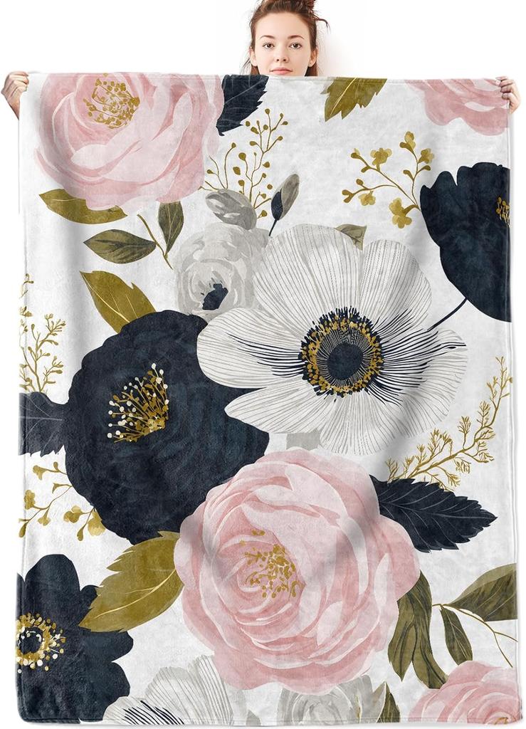GUOYU Blanket Cherry Blossom Flannel Blanket Gifts for Floral LoverJapanese Watercolor Flower Branch Throw Blankets with Beige Backgroundfor