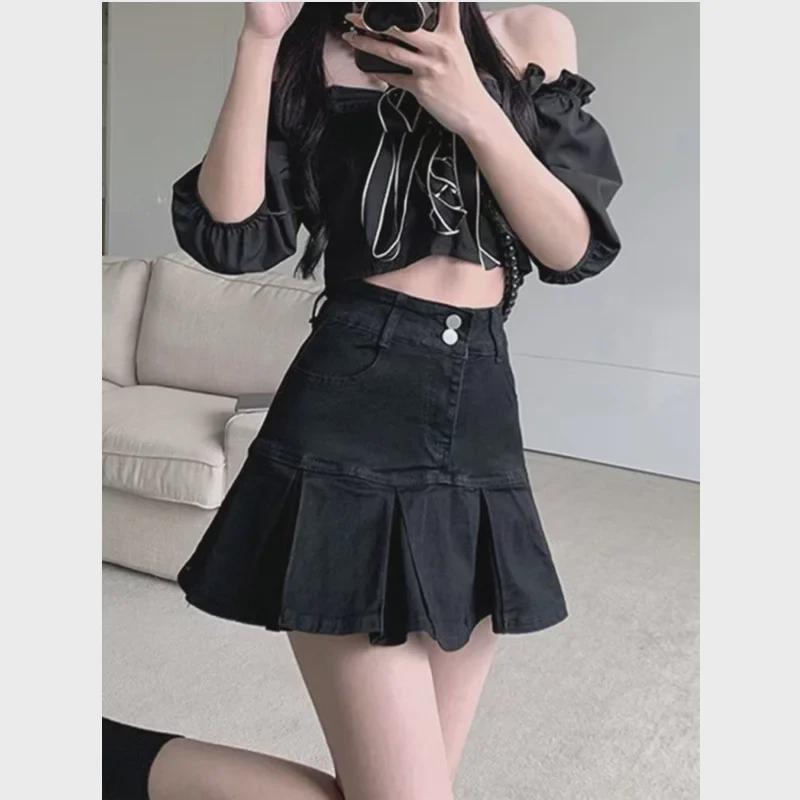 High-Waist Pleated Denim Skirt: 2023 Spring/Summer Slim A-Line Short Skirt for Women