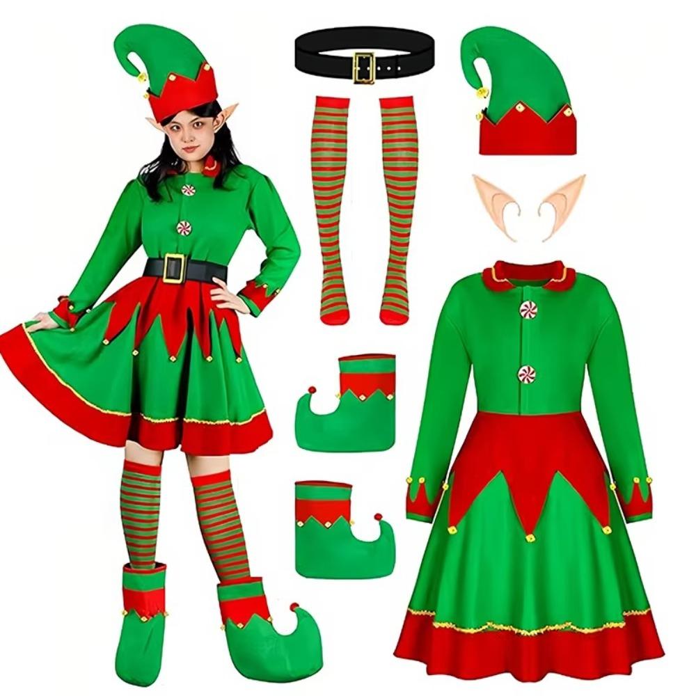 Green Elf Dress Christmas Elf Costume Velvet Xmas Suit New Cosplay Clothing Adult Kids