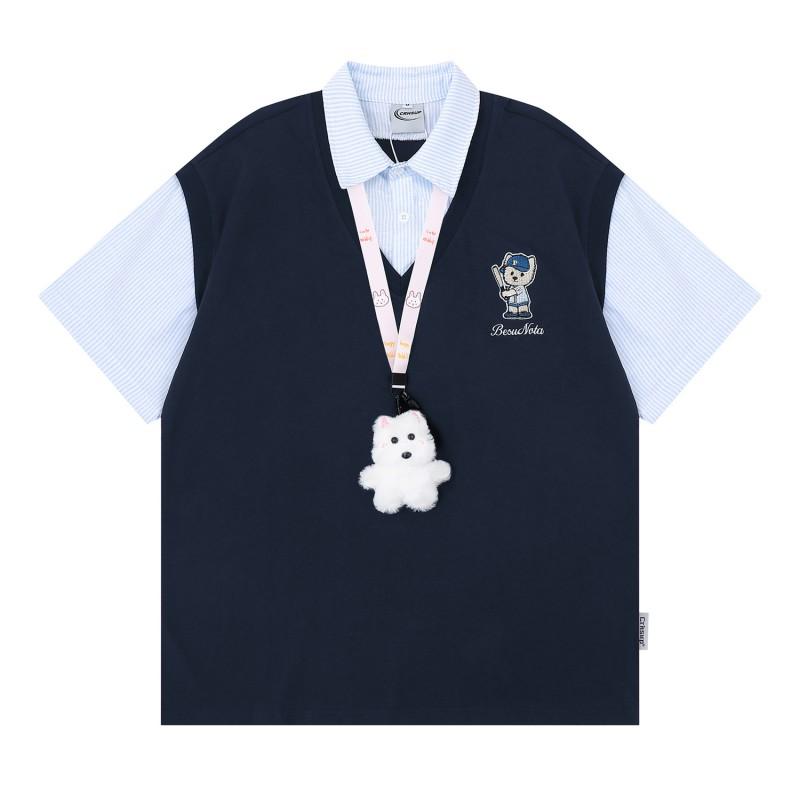 Vintage Preppy Baseball Bear Fake 2-Piece Striped T-Shirt Young Adults