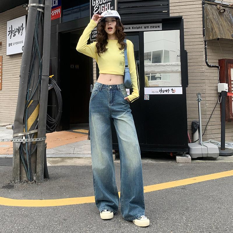 Retro washed old straight loose jeans women's spring and autumn new high waist drape thin wide leg pants
