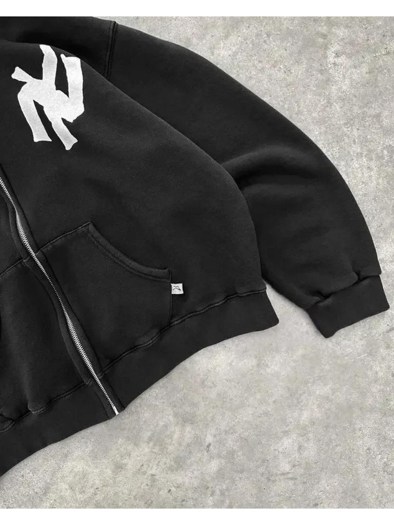 ZYLLO Харадзюку Ретро Новая Печать Цветок Раскрывающийся Свитер С Капюшоном Y2K Уличный Хип-Хоп Повседневный Свободный Свитшот Парный Топ