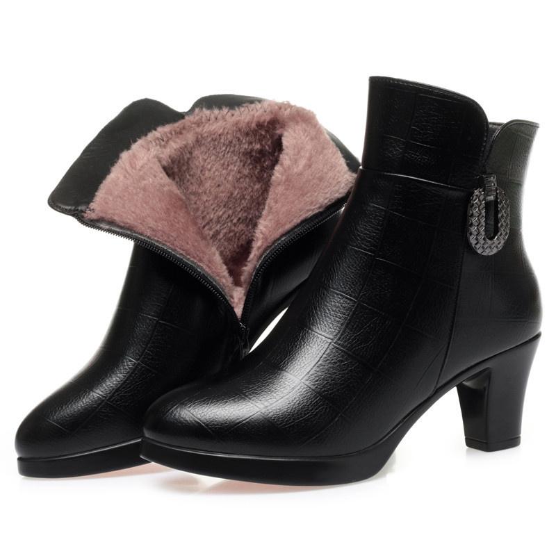 Fashion Chunky Heel Platform Women Cotton Shoes Soft Leather Winter Warm Thick Plush Anti-slip Simple Fashion High Heel Snow Boots