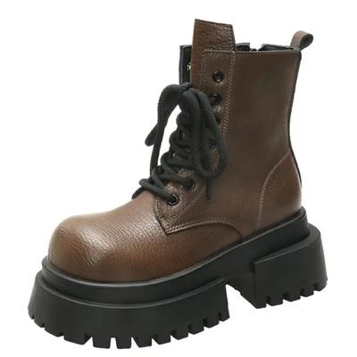 Модные 7 см Женские Ботильоны на Толстом Каблуке на Шнуровке Черные Массивные Ботинки Новые 2024 Зимние Кожаные Ботинки Женские Ботинки на Платформе Панк Высокий Каблук