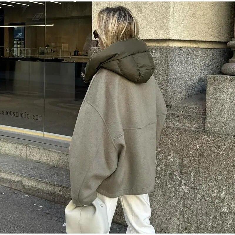 Повседневная свободная женская куртка с капюшоном, однотонная лоскутная молния, теплые пальто с длинными рукавами, осень-зима, женская шикарная уличная верхняя одежда, женское шерстяное пальто, уличная одежда