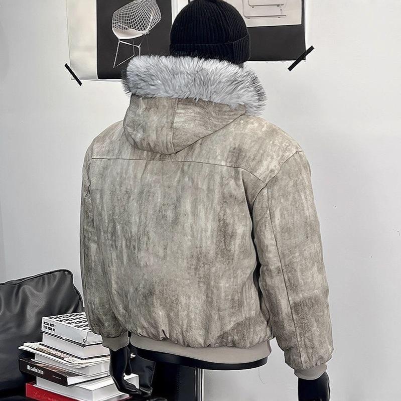 Мужская толстовка с капюшоном и принтом тай-дай 2025 года с меховым воротником - Модная, плотная и теплая хлопковая верхняя одежда