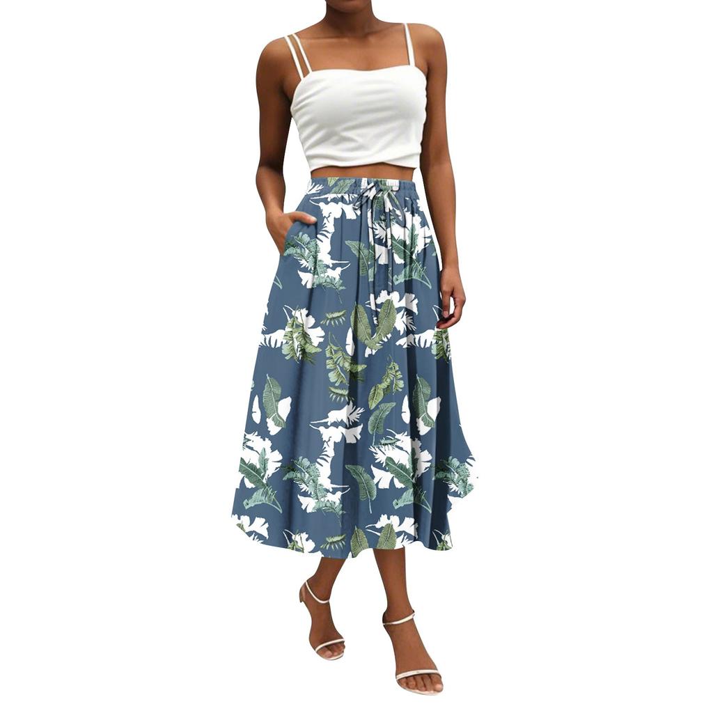 Женская юбка в стиле бохо с цветочным принтом, однотонная повседневная юбка с карманами