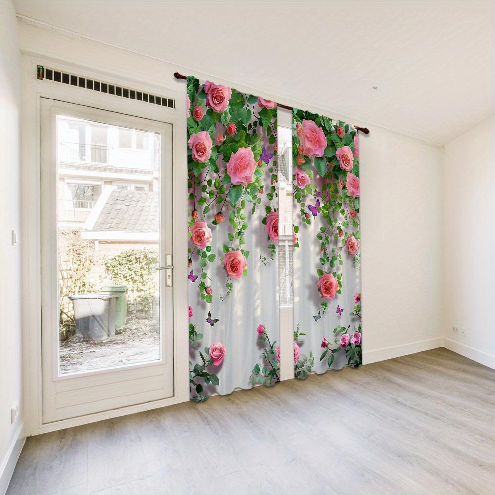 Комплект из 2 предметов, розовые розы и бабочки, шторы с карманами на штанге, для легкого подвешивания в спальне, гостиной, жалюзи, окна