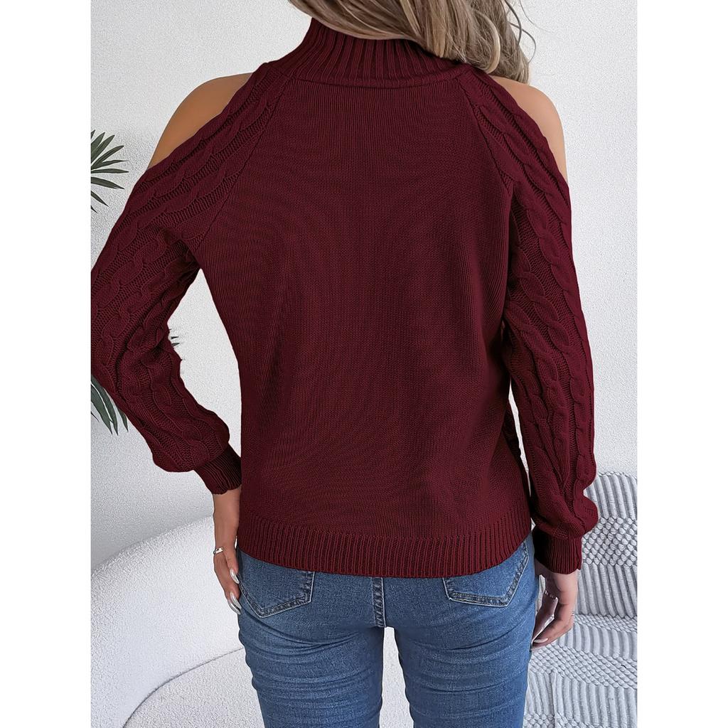 QICED Autumn and Winter Casual Twist Off-the-shoulder Semi-high Neck Long-sleeved Pullover Sweater Women's Wear