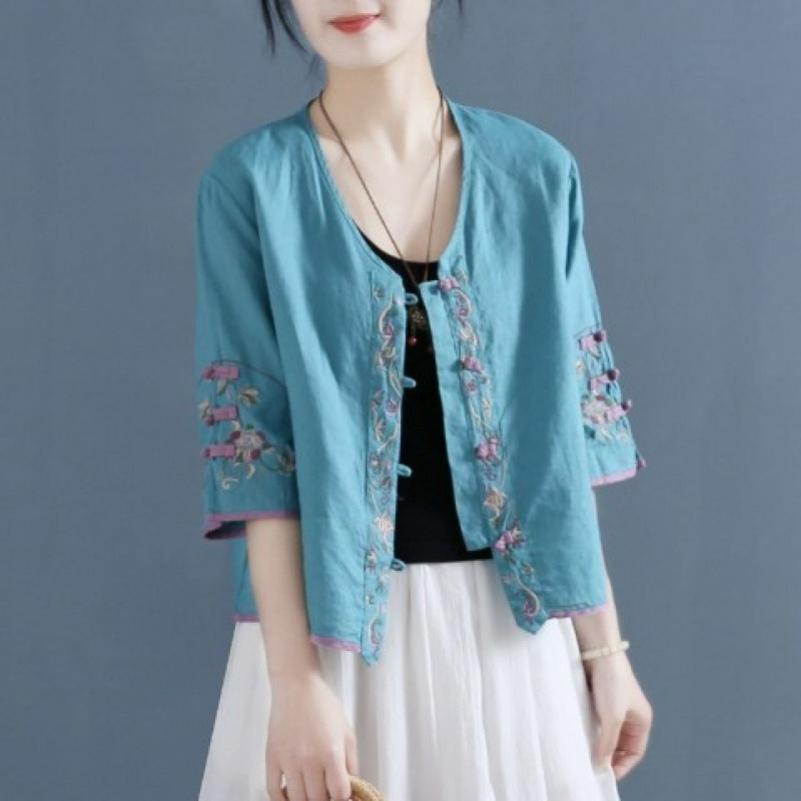 Retro Embroidered Disc Button Linen Cotton Shirt Women's Summer Chinese Zen Tea Dress Loose Short V-neck Top