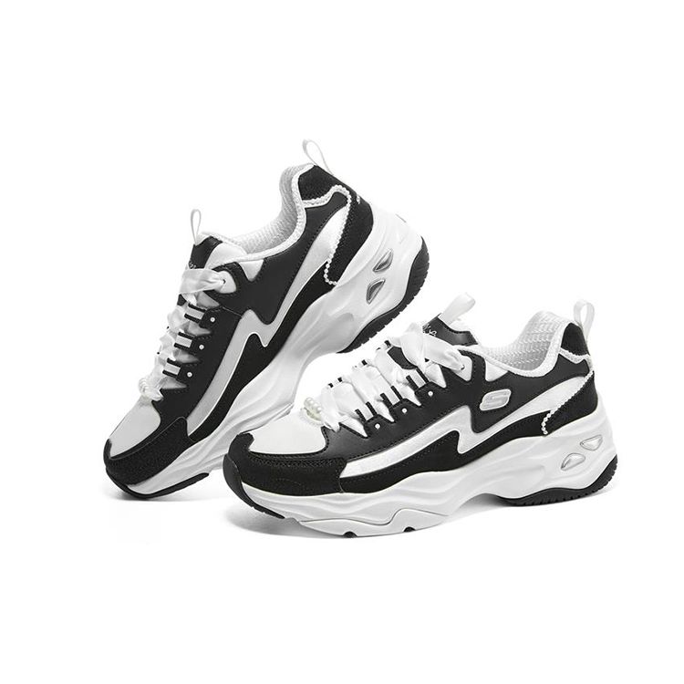 Skechers DLites 4.0 Жемчужный Медведь Ткань Кожа Удобные Амортизирующие Прочные Низкие Папины Кроссовки Женские Кроссовки Белый Черный 896156-BKW