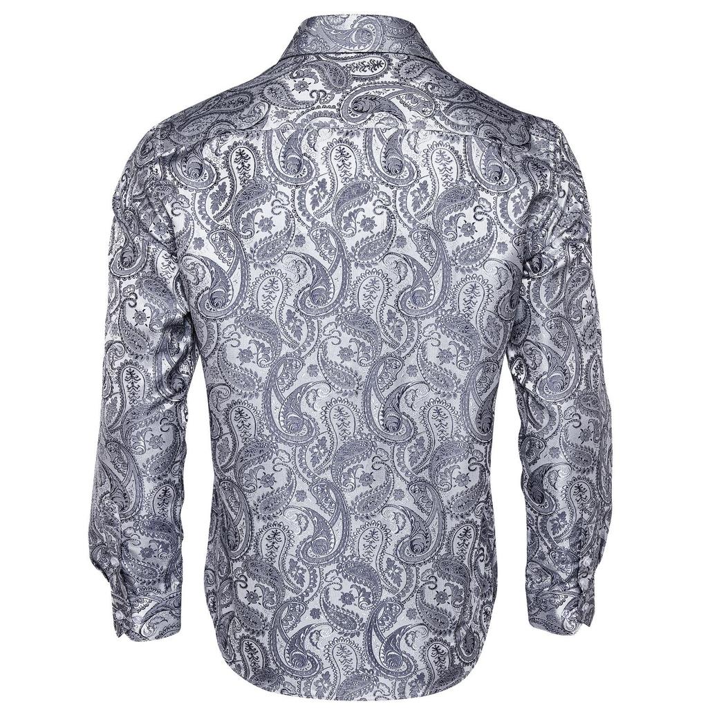 Mens Long Sleeve Shirt Black Design Casual Shirt Silk Paisley Shirt Collar Pin Luxury Mens Fashion