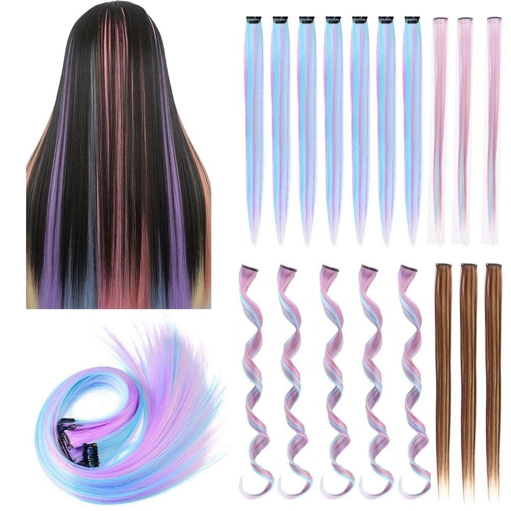 Rainbow Colorful Extension Fashion Long Straight Wavy Hairpieces Fake Hair Clip Strands  Women/Kids