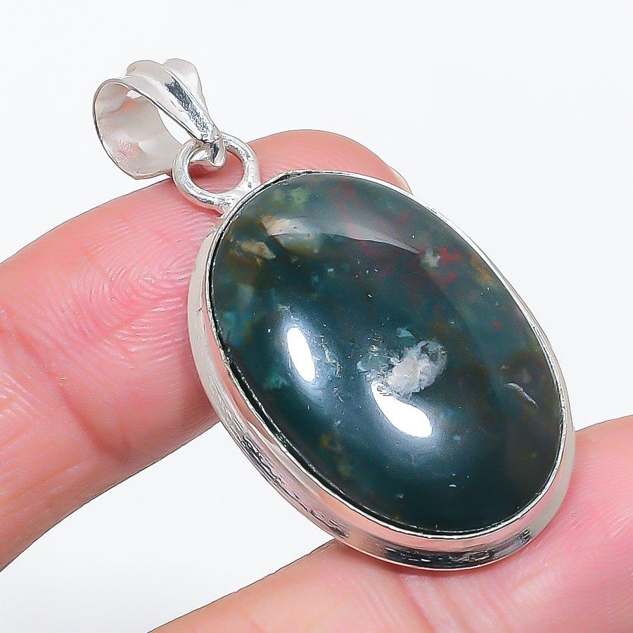 Natural Bloodstone Gemstone 925 Sterling Silver Jewelry Pendant 1.81" D7R97