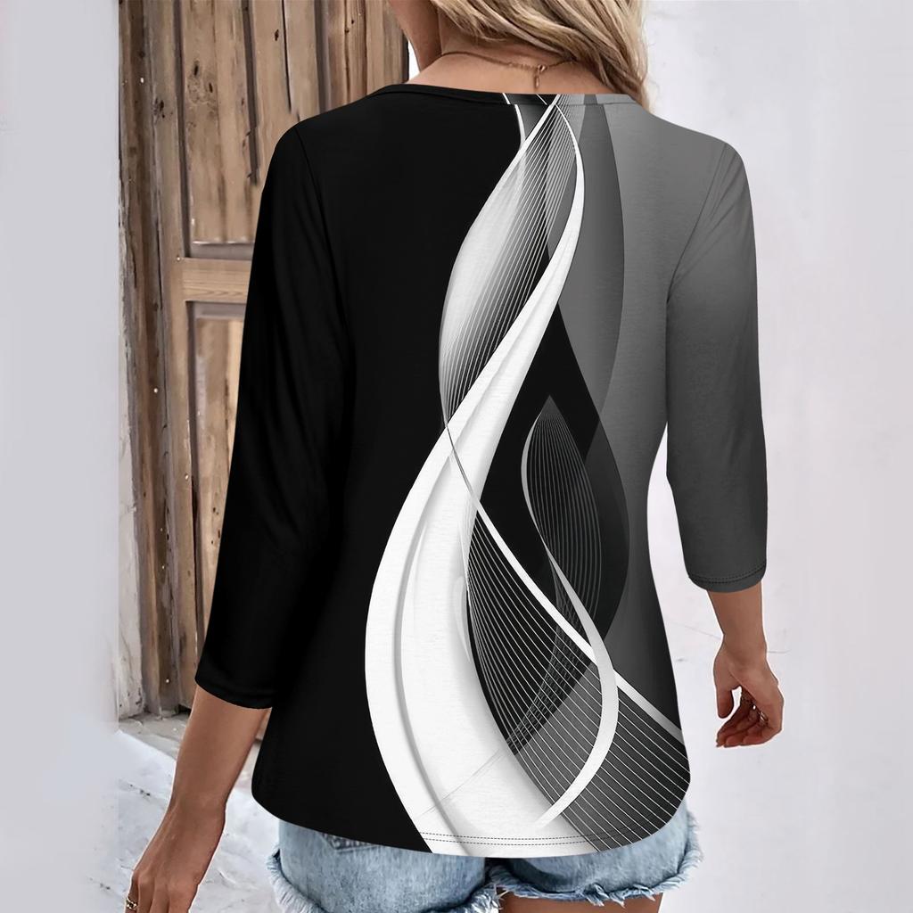 Женские повседневные футболки с рукавом 3/4 для выходных с V-образным вырезом и принтом, свободные плиссированные футболки, женская блузка