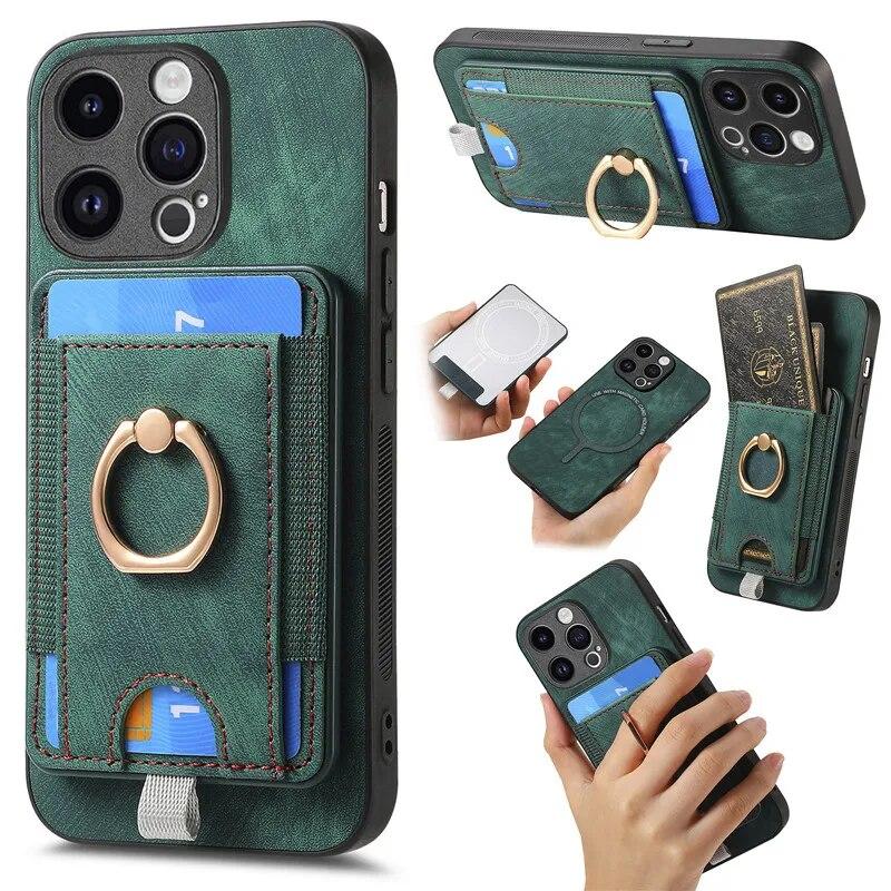 Wireless Ring Leather Wallet Phone Case for iPhone 15 Pro Max 14 Plus 13 12 11 for Samsung Galaxy S24 Ultra S23 S22 S21 FE A35 A15 A05 A54 A34 Cover