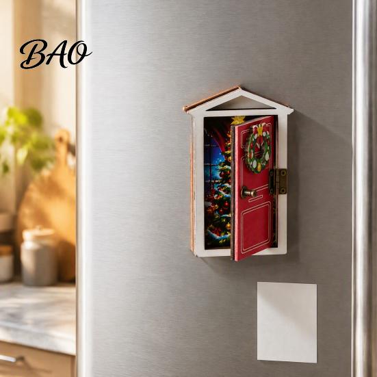Holiday Fridge Magnet Elf Door with LED Light, Wooden Christmas Decor Refrigerator Magnet, Openable Mini Magnetic Decoration for Magnets