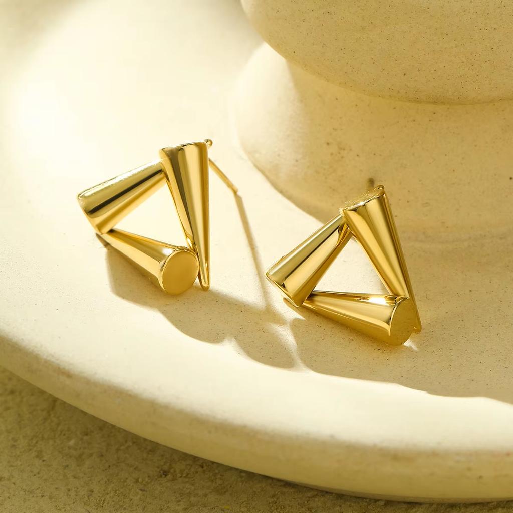Gold Plated Titanium Steel Combined Triangular and Conical Earrings Minimalist Geometric Unique Style Fashion Jewelry for Women