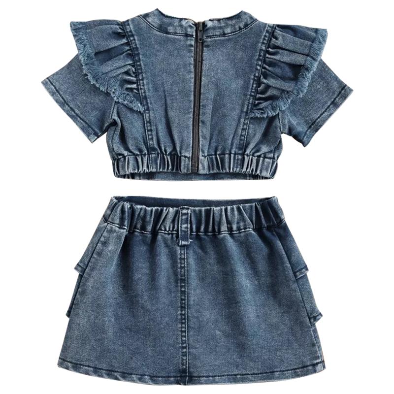 Детский джинсовый комплект из топа и юбки, комплект одежды из двух предметов для маленьких девочек