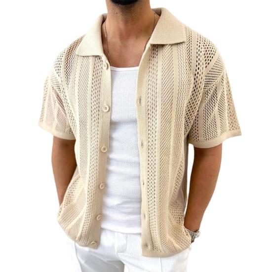 Мужская винтажная трикотажная рубашка с коротким рукавом и лацканами, повседневная однотонная рубашка на пуговицах для повседневной носки на работу и отдых