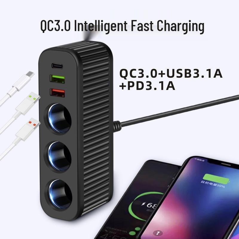 Автомобильный умный прикуриватель 1-в-3: Быстрое зарядное устройство QC3.0 + PD30W с двумя USB для мобильных телефонов