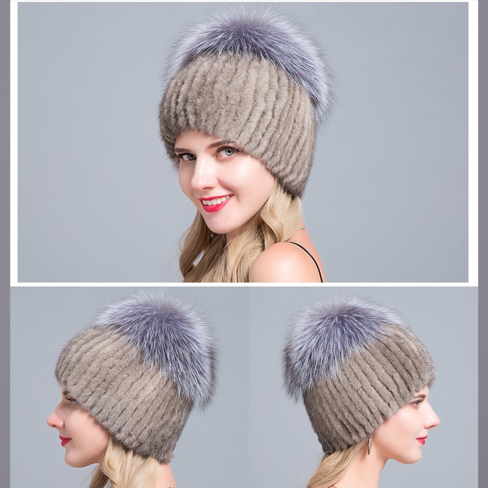 JERYAFUR Вязаная женская шапка с мехом норки пэчворк