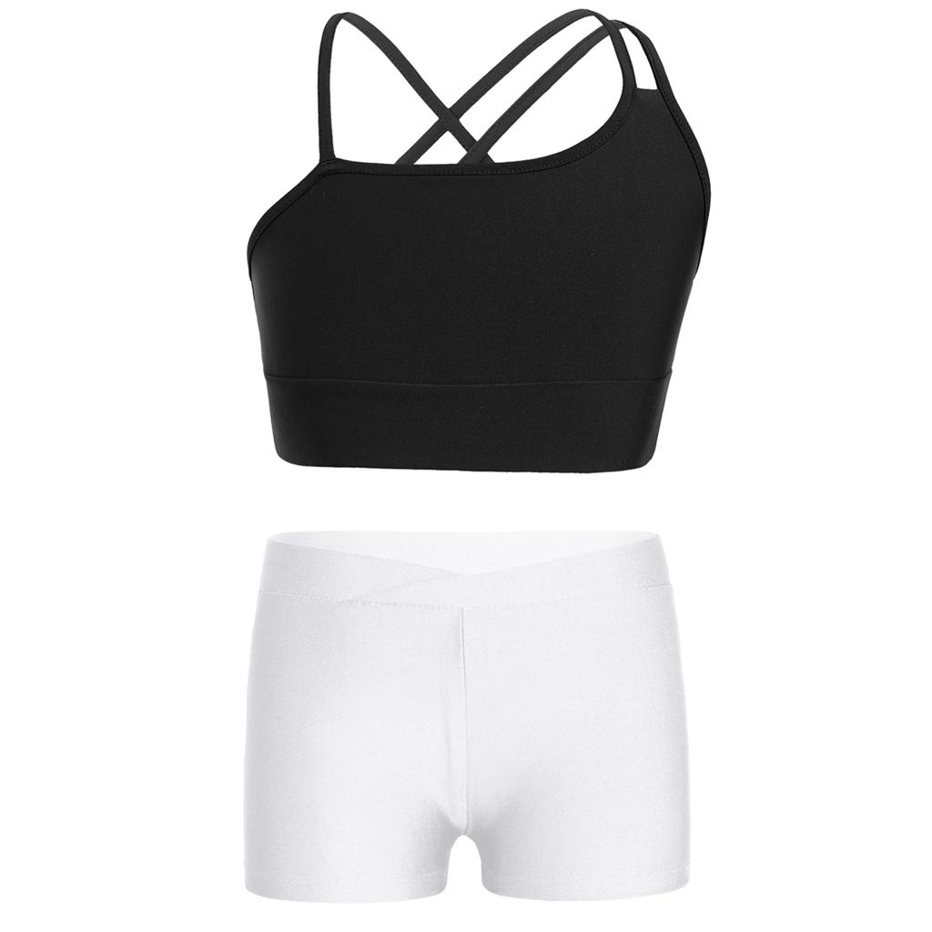 Kids Girls Asymmetrical Strappy Crop Top with Shorts for Sports Gymnastic Workout