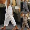 Women's Summer Cotton Linen Pants Elastic Waist Hallow Out Trousers Casual Drawstring Pocket Pants