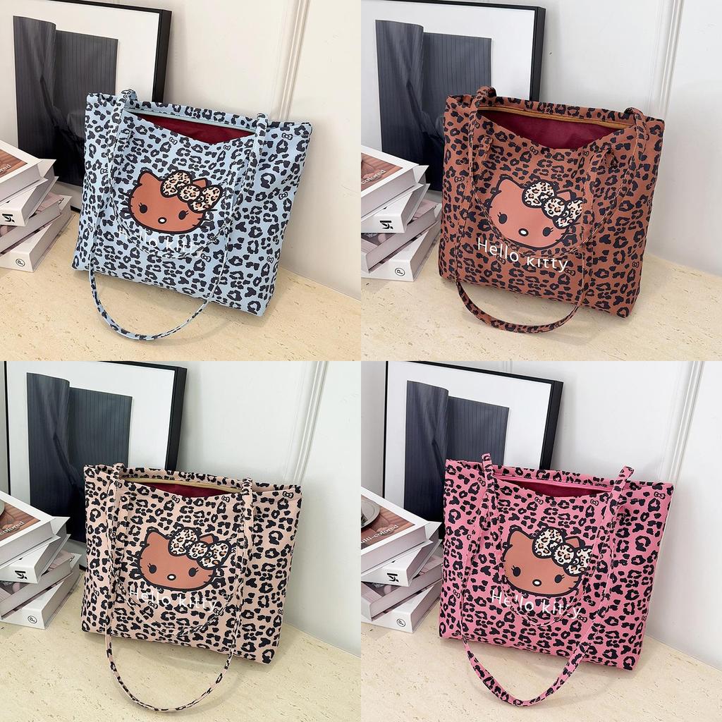 Канвасовая сумка через плечо для девочек Hello Kitty с леопардовым принтом, из дышащей легкой ткани, для школы и повседневного использования