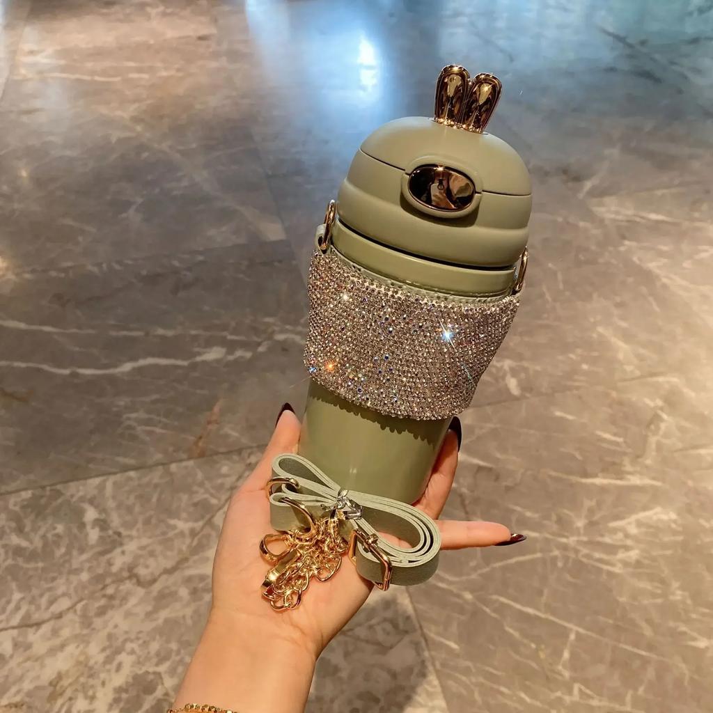 480ML Straight Cup Luxury Rhinestone Stainless Steel Vacuum Insulated Cup With Chain Water Bottles Tumblers Thermos Bottle Gifts