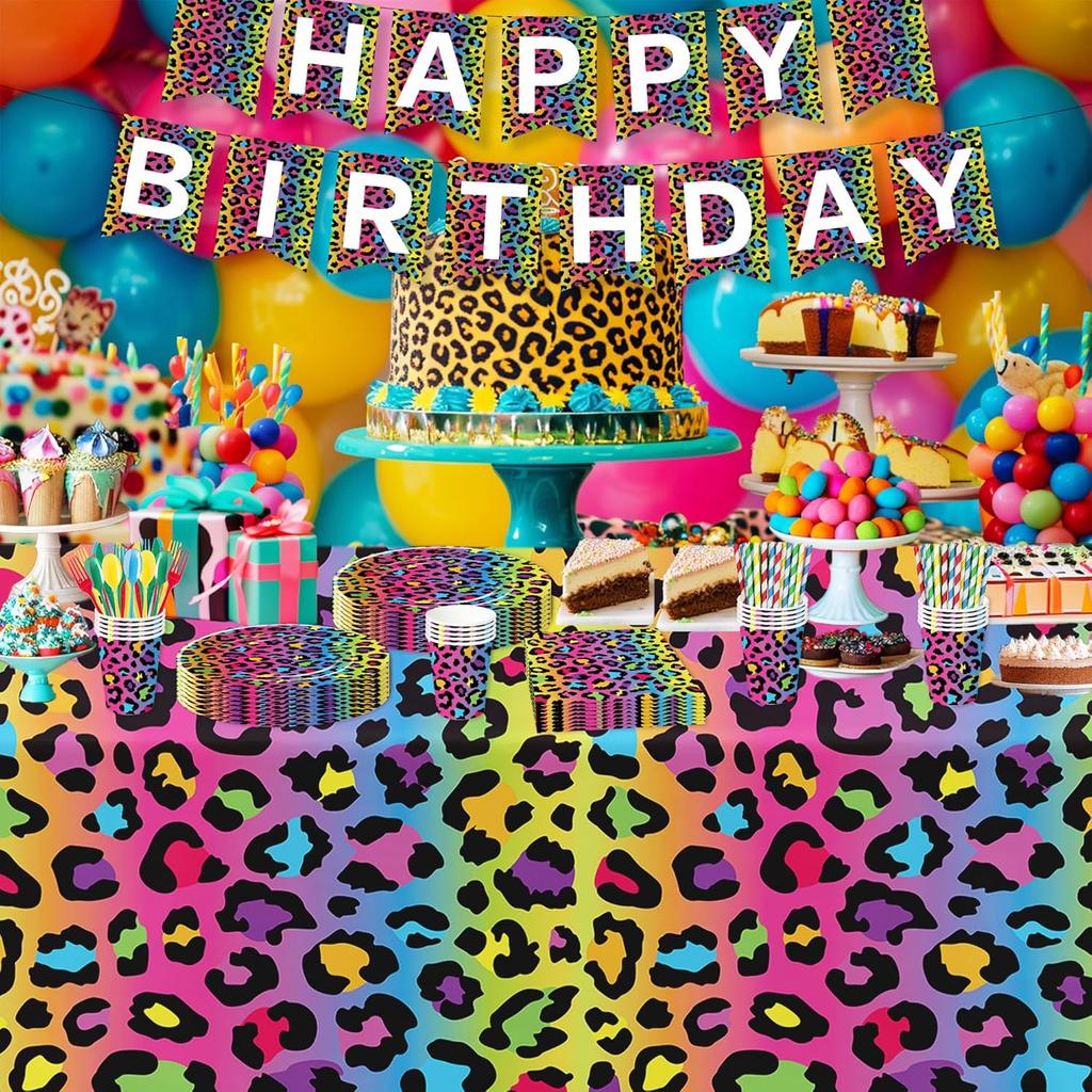 Leopard Party Decorations Tablecloth, 3Pcs Disposable Cheetah Print Birthday Party Tablecover Supplies, Iridescent Rainbow Leopard Birthday Table