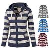 Fall Winter Coat Contrast Color Stripe Print Hooded Zipper Closure Long Sleeve Elastic Drawstring Jacket Daily School Commuting Outerwear