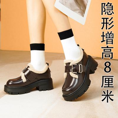 Женские лоферы на толстой подошве на высоком каблуке из бархата в новом британском стиле с ремешком и пряжкой на один ремешок, маленькие кожаные туфли, универсальные одинарные туфли, хлопчатобумажная ш