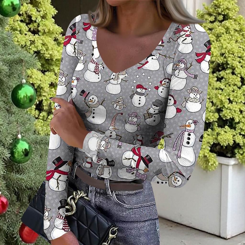Women's Winter Slim-Fit Base Layer T-Shirt Fashionable Christmas Print V-Neck Pullover Long-Sleeved Top