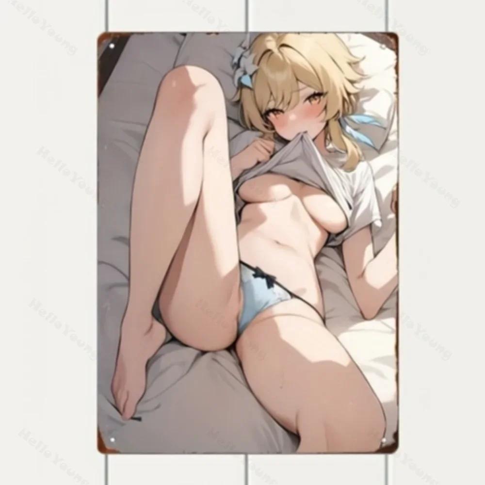 Metal Wall Art Poster of Anime Beauty, Aluminum-Made and Durable.Ideal Vintage Decor for Home, Bar, with Pre-Drilled Hanging Aid