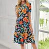Women's Fashionable Print Round Neck Loose Short Sleeved Pocket Pullover Dress