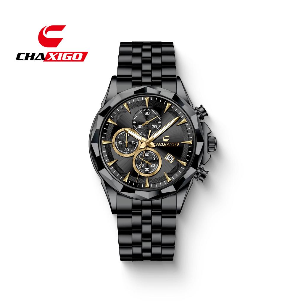 CHAXIGO444 New Trendy Men's Steel Belt Quartz Three Eye Timing Business Watch Night Light Waterproof Watches for Man Reloj